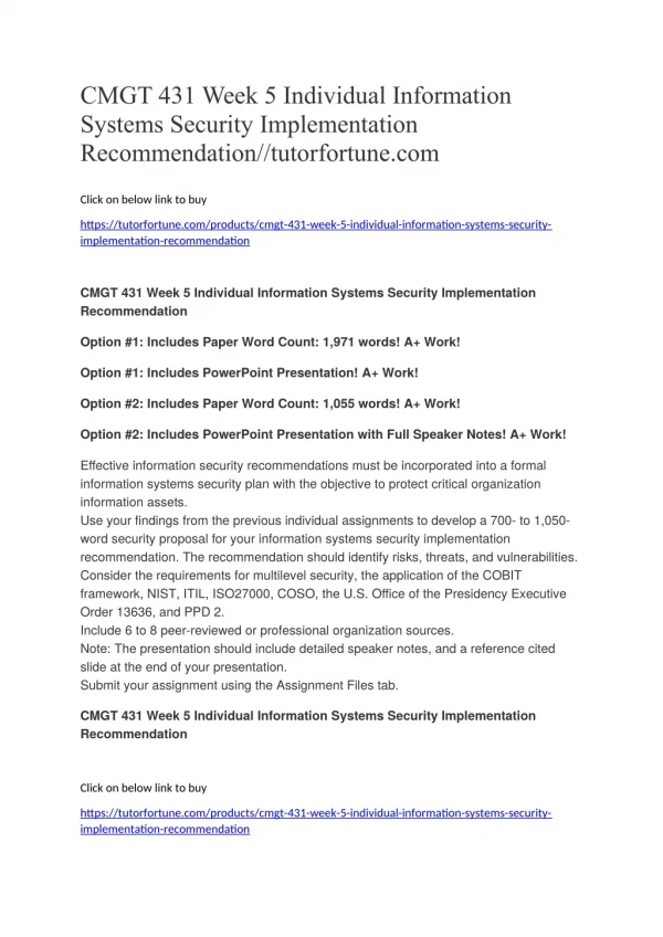 CMGT 431 Week 5 Individual Information Systems Security Implementation Recommendation//tutorfortune.com