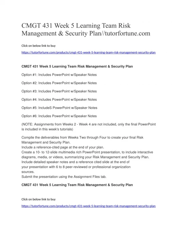 CMGT 431 Week 5 Learning Team Risk Management & Security Plan//tutorfortune.com