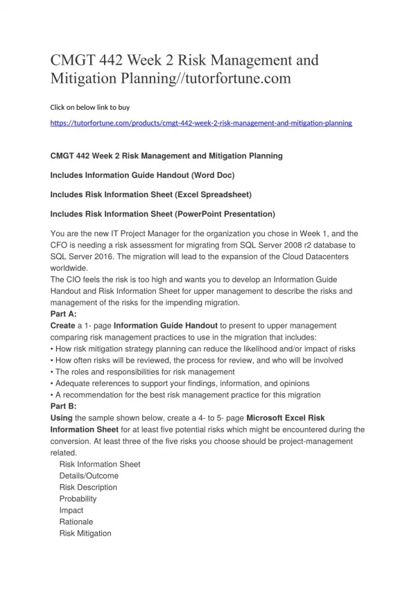 CMGT 442 Week 2 Risk Management and Mitigation Planning//tutorfortune.com