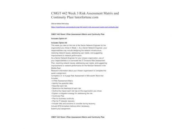 CMGT 442 Week 3 Risk Assessment Matrix and Continuity Plan//tutorfortune.com