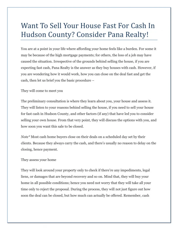 Want To Sell Your House Fast For Cash In Hudson County? Consider Pana Realty!