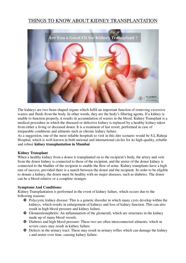 Things to Know About Kidney Transplantation