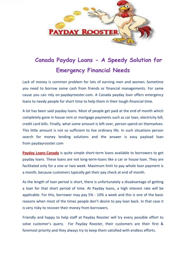 Canada Payday Loans - Paydayrooster.com