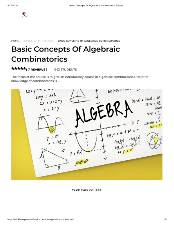 Basic Concepts Of Algebraic Combinatorics - Edukite