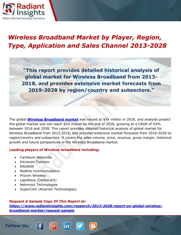 Wireless Broadband Market by Player, Region, Type, Application and Sales Channel 2013-2028