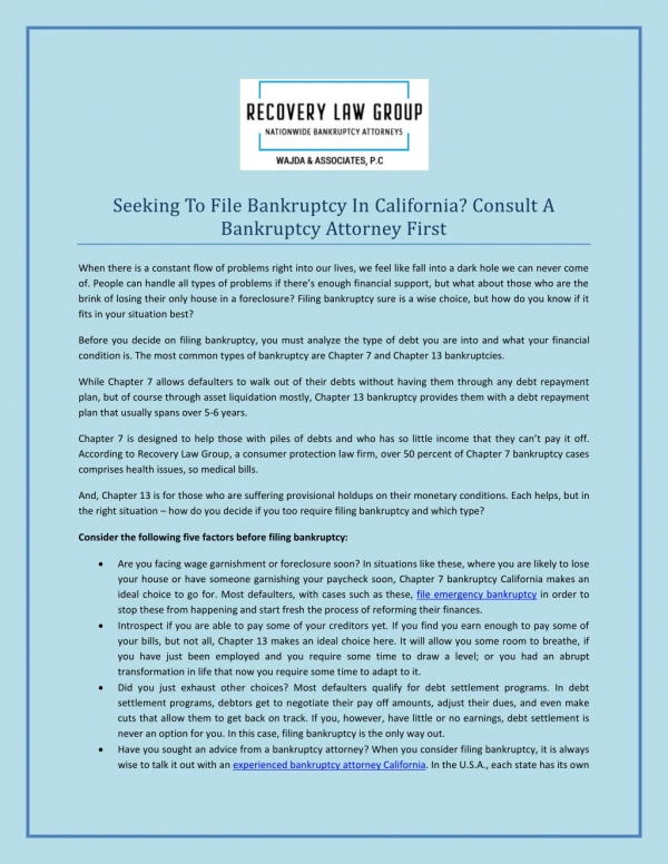 Seeking To File Bankruptcy In California? Consult A Bankruptcy Attorney First
