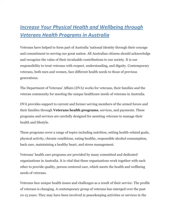 Increase Your Physical Health and Wellbeing through Veterans Health Programs in Australia