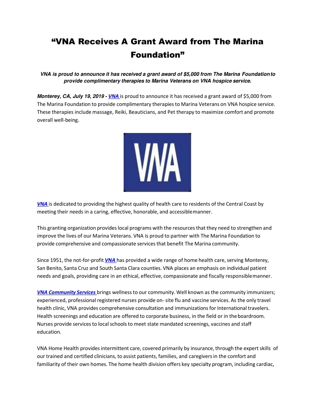 vna receives a grant award from the marina