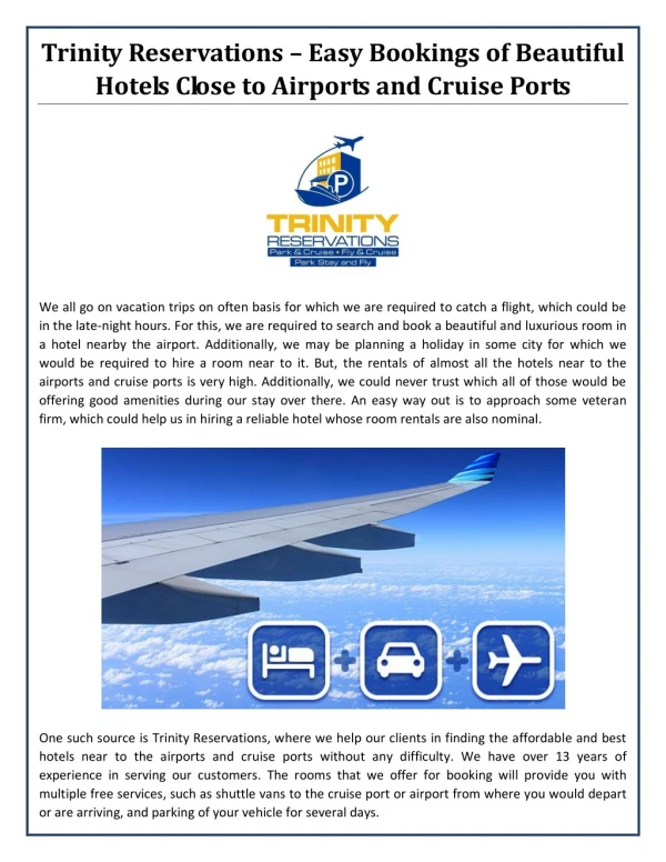 Trinity Reservations – Easy Bookings of Beautiful Hotels Close to Airports and Cruise Ports