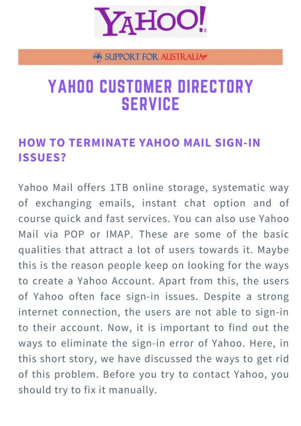 Customer Directory Service for Yahoo Mail Sign-in Issues
