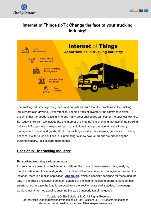 The Internet of Things(IoT): Change the face of your trucking industry