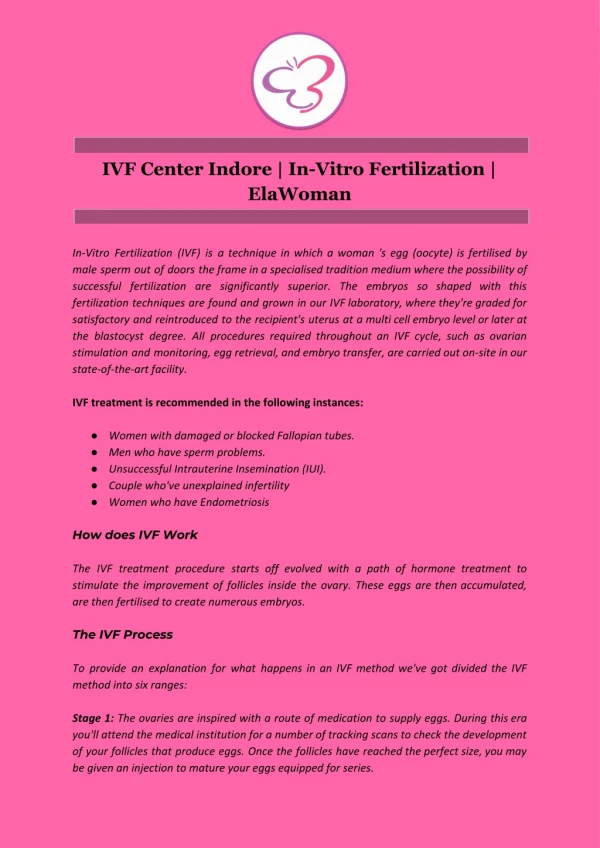 IVF Center Indore | In-Vitro Fertilization | ElaWoman