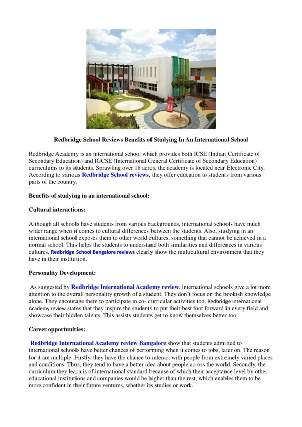 Redbridge School Reviews Benefits of Studying In An International School