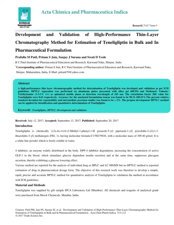 Development and Validation of High-Performance Thin-Layer Chromatography Method for Estimation of Teneligliptin in Bulk