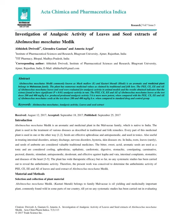Investigation of Analgesic Activity of Leaves and Seed extracts of Abelmoschus moschatus Medik