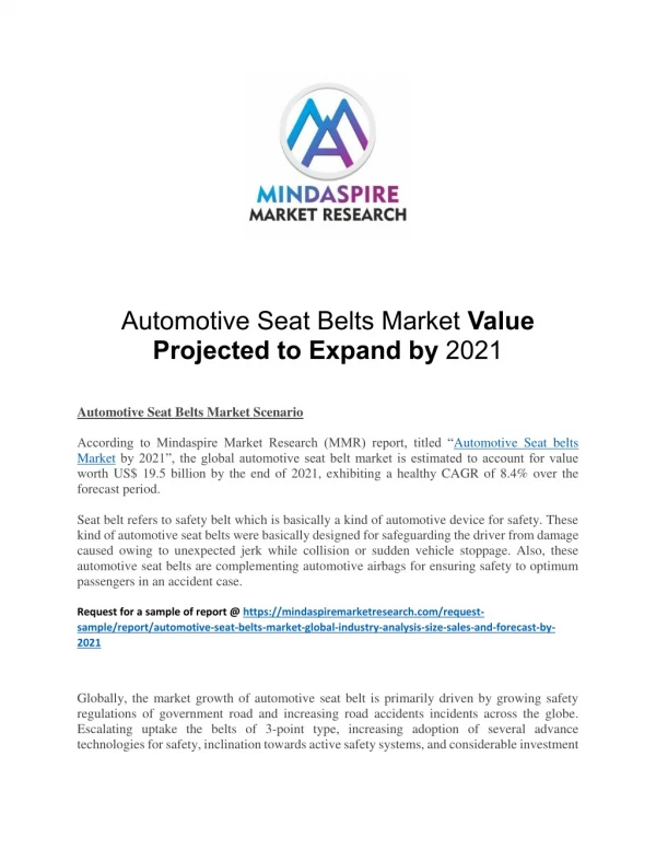 Automotive Seat Belts Market Value Projected to Expand by 2021
