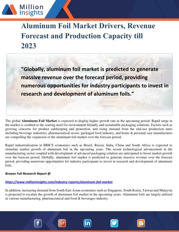 Aluminum Foil Market Drivers, Revenue Forecast and Production Capacity till 2023