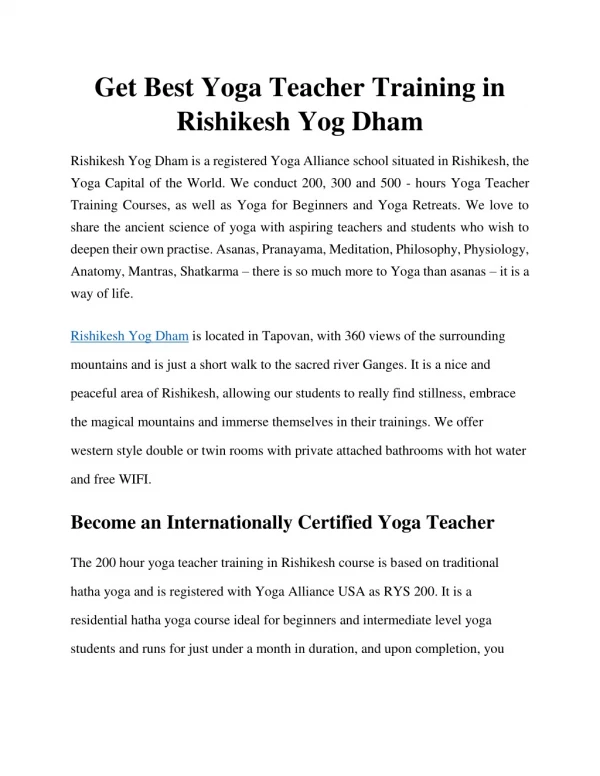 Yoga Teacher Training in Rishikesh Yog Dham