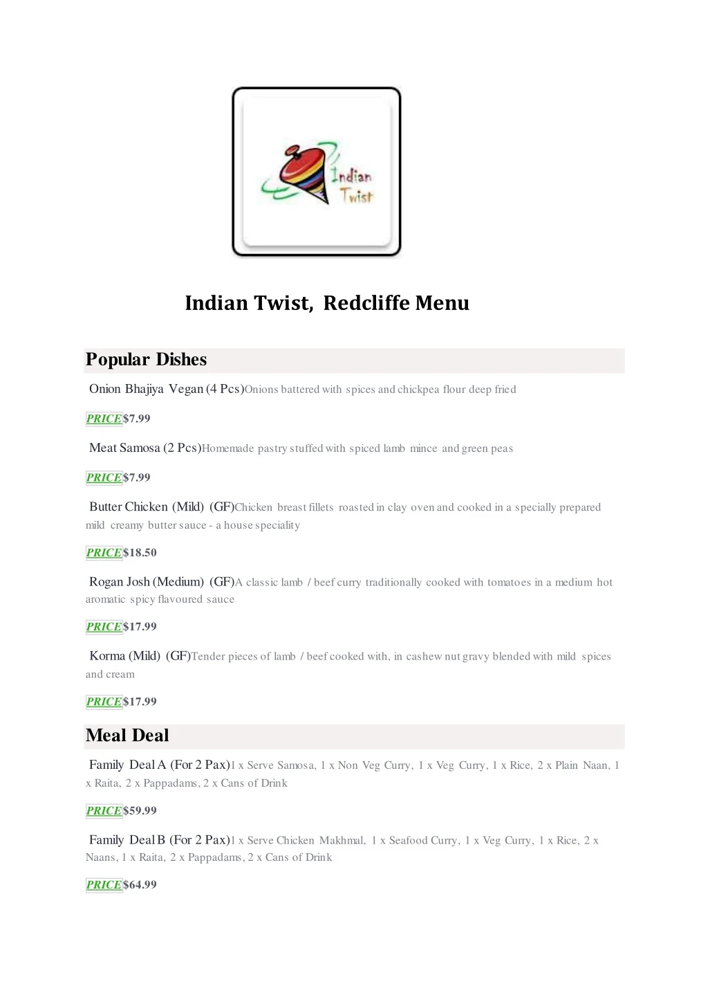 indian twist redcliffe menu