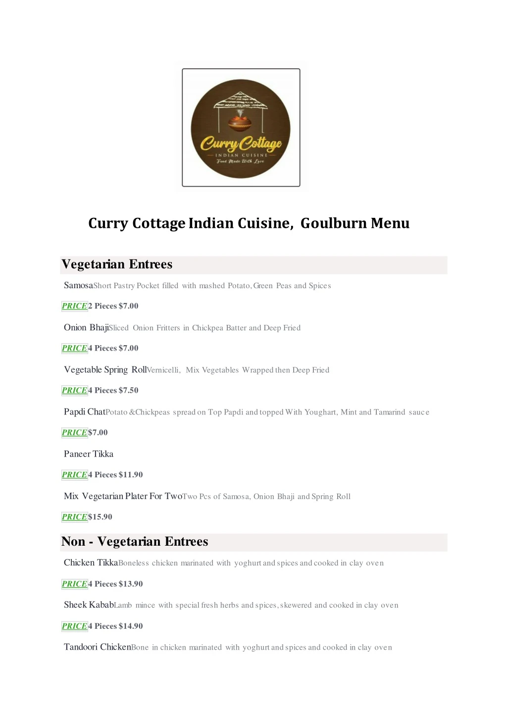 curry cottage indian cuisine goulburn menu