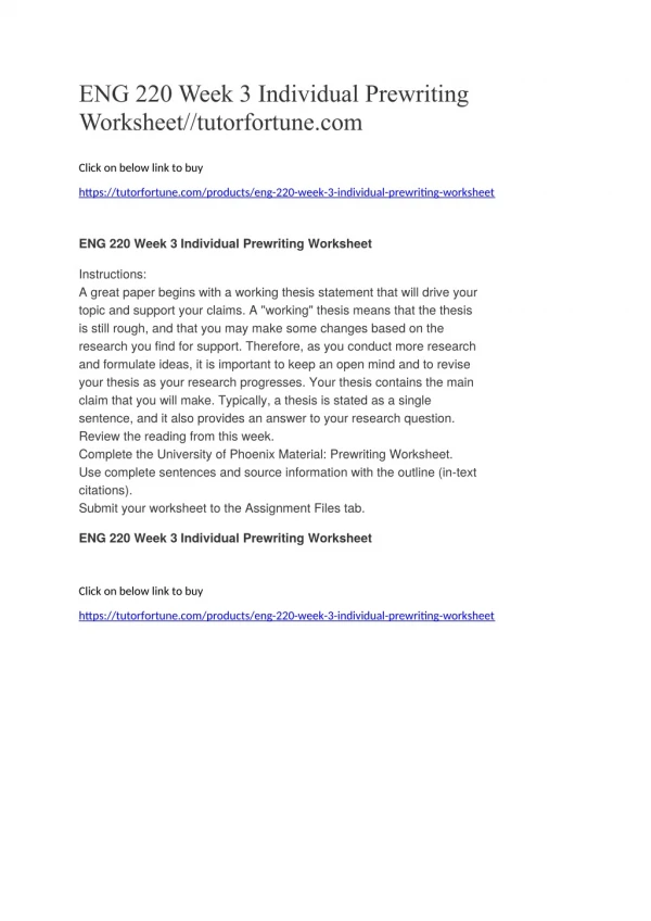 ENG 220 Week 3 Individual Prewriting Worksheet//tutorfortune.com