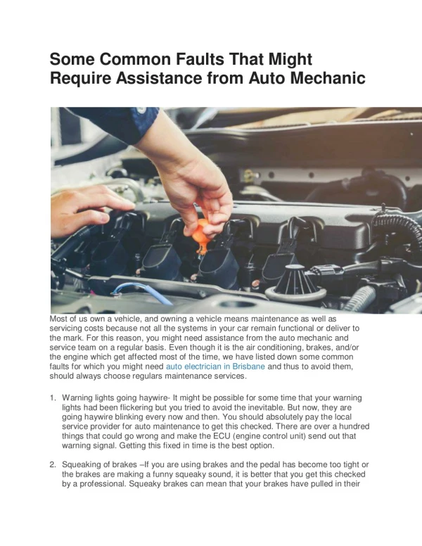 Some Common Faults That Might Require Assistance from Auto Mechanic