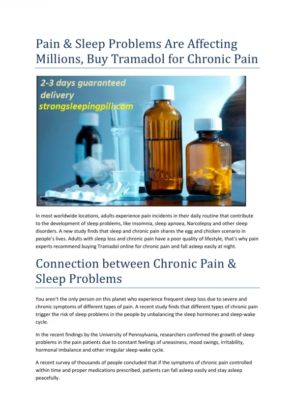 Pain & Sleep Problems Are Affecting Millions, Buy Tramadol for Chronic Pain