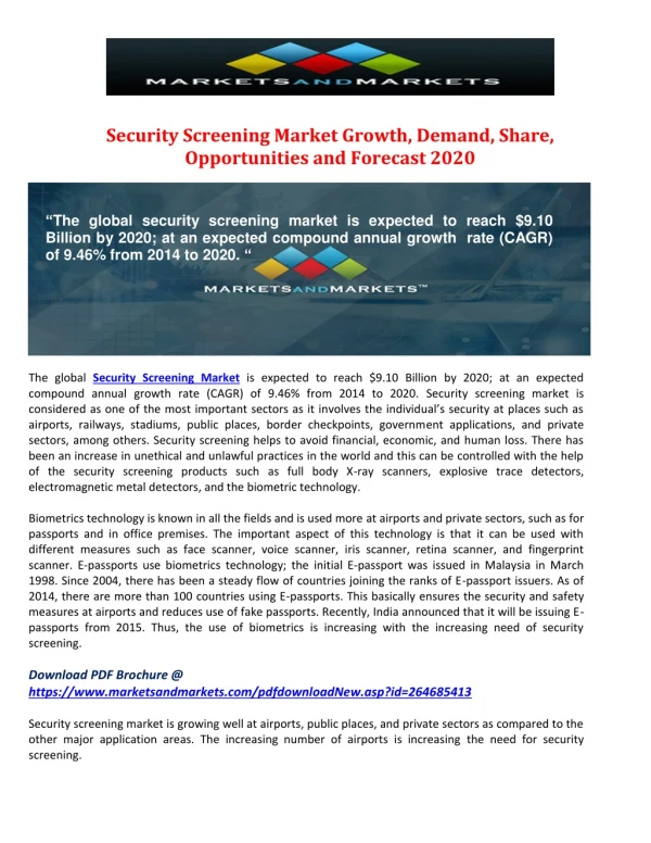 Security Screening Market Growth, Demand, Share, Opportunities and Forecast 2020