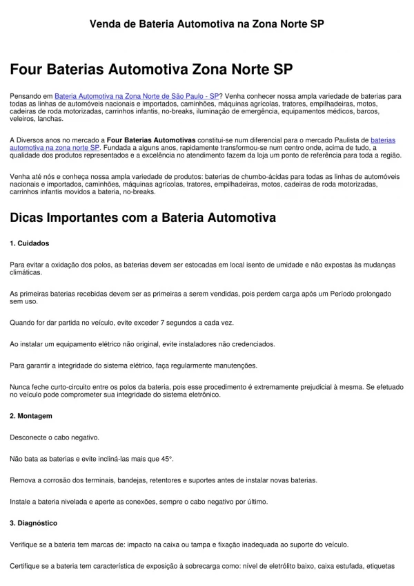Venda de Bateria Automotiva na Zona Norte SP