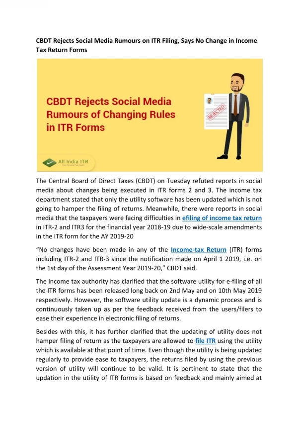 CBDT Rejects Social Media Rumours on ITR Filing, Says No Change in Income Tax Return Forms