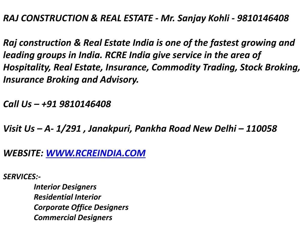 raj construction real estate mr sanjay kohli