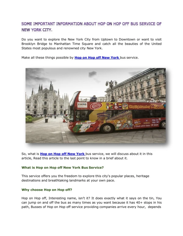 SOME IMPORTANT INFORMATION ABOUT HOP ON HOP OFF BUS SERVICE OF NEW YORK CITY.