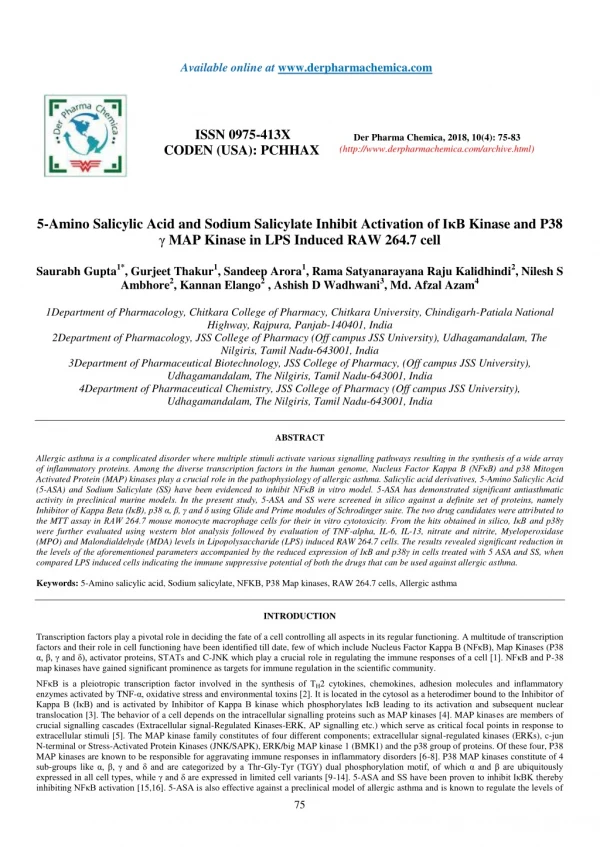 5-Amino Salicylic Acid and Sodium Salicylate Inhibit Activation of I?B Kinase and P38 ? MAP Kinase in LPS Induced RAW 26