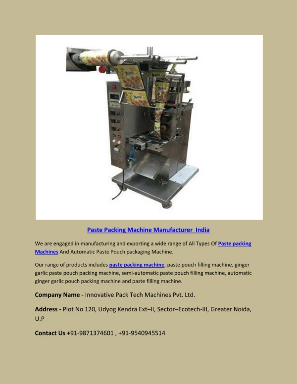 Paste Packing Machine Manufacturer India