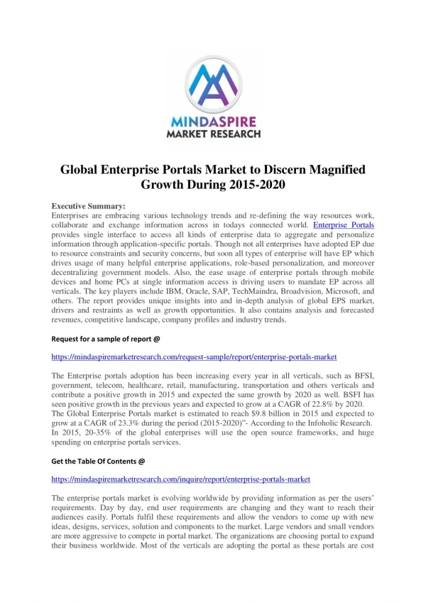 Global Enterprise Portals Market to Discern Magnified Growth During 2015-2020