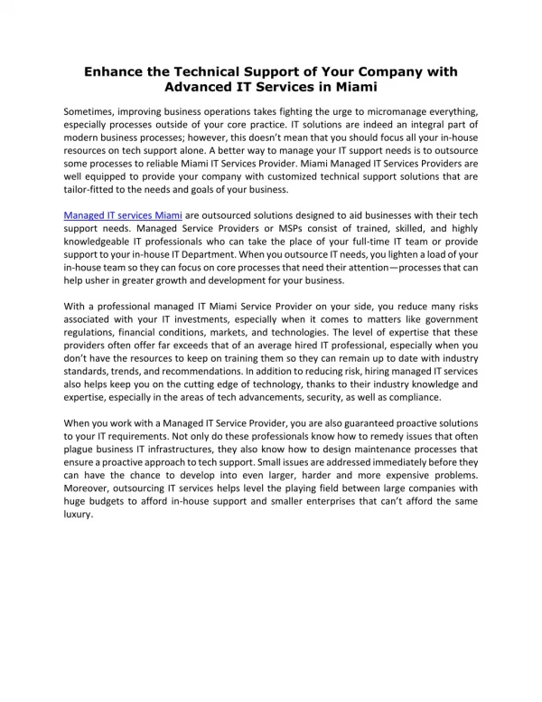 Enhance the Technical Support of Your Company with Advanced IT Services in Miami