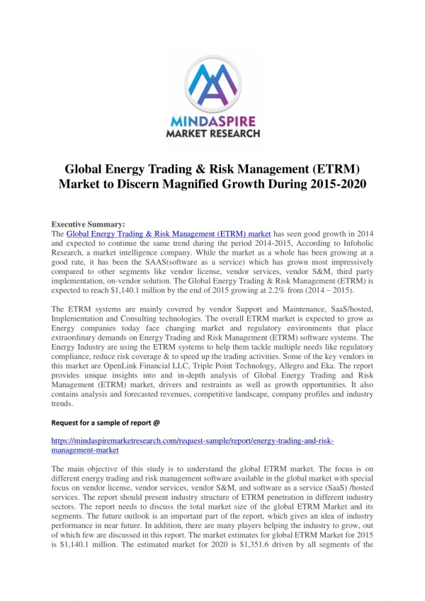 Global Energy Trading & Risk Management (ETRM) Market to Discern Magnified Growth During 2015-2020