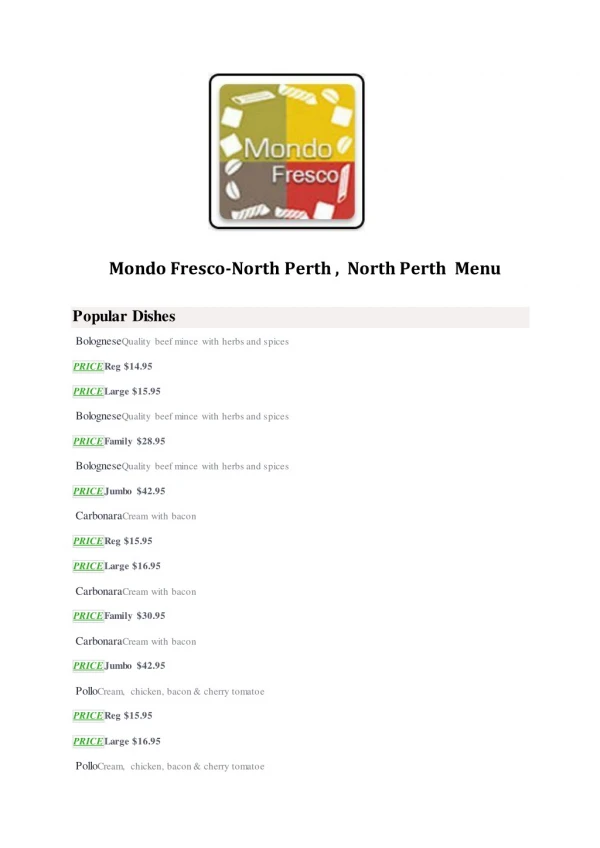 25% Off -Mondo Fresco-North Perth-North Perth - Order Food Online