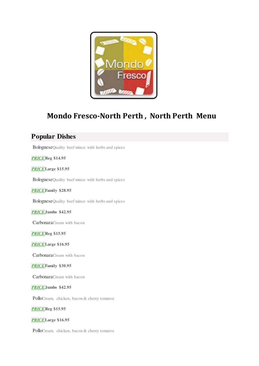 mondo fresco north perth north perth menu