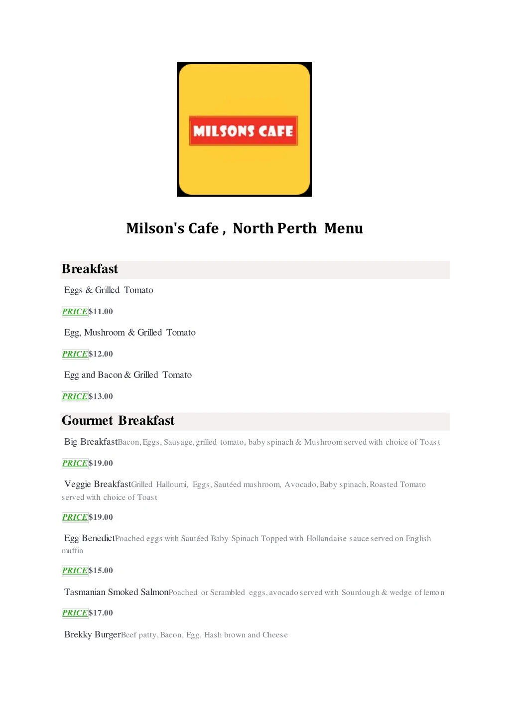 milson s cafe north perth menu