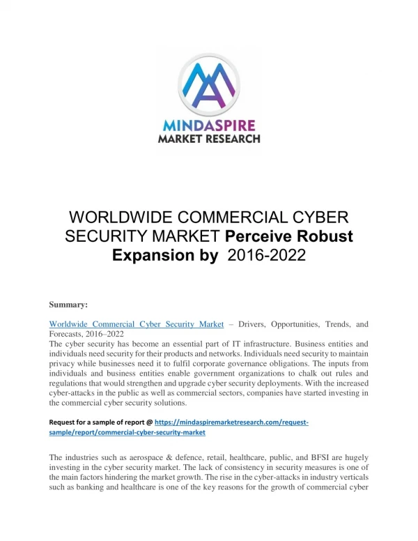 WORLDWIDE COMMERCIAL CYBER SECURITY MARKET Perceive Robust Expansion by 2016-2022