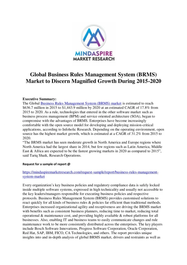 Global Business Rules Management System (BRMS) Market to Discern Magnified Growth During 2015-2020