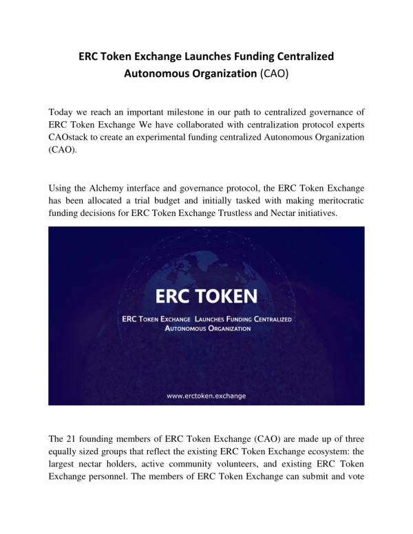 ERC Token Exchange Launches Funding Centralized Autonomous Organization (CAO)