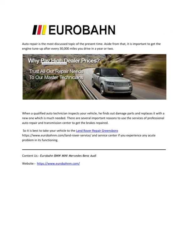 Eurobahn: BMW Repair Service at Fair Price in Greensboro, NC