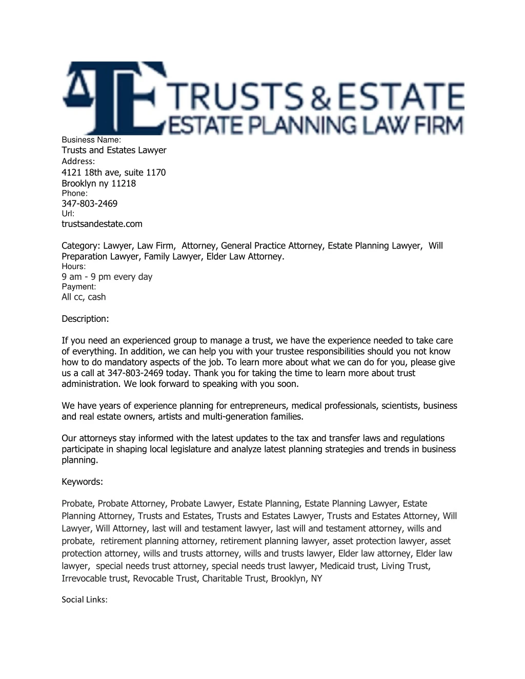 business name trusts and estates lawyer address