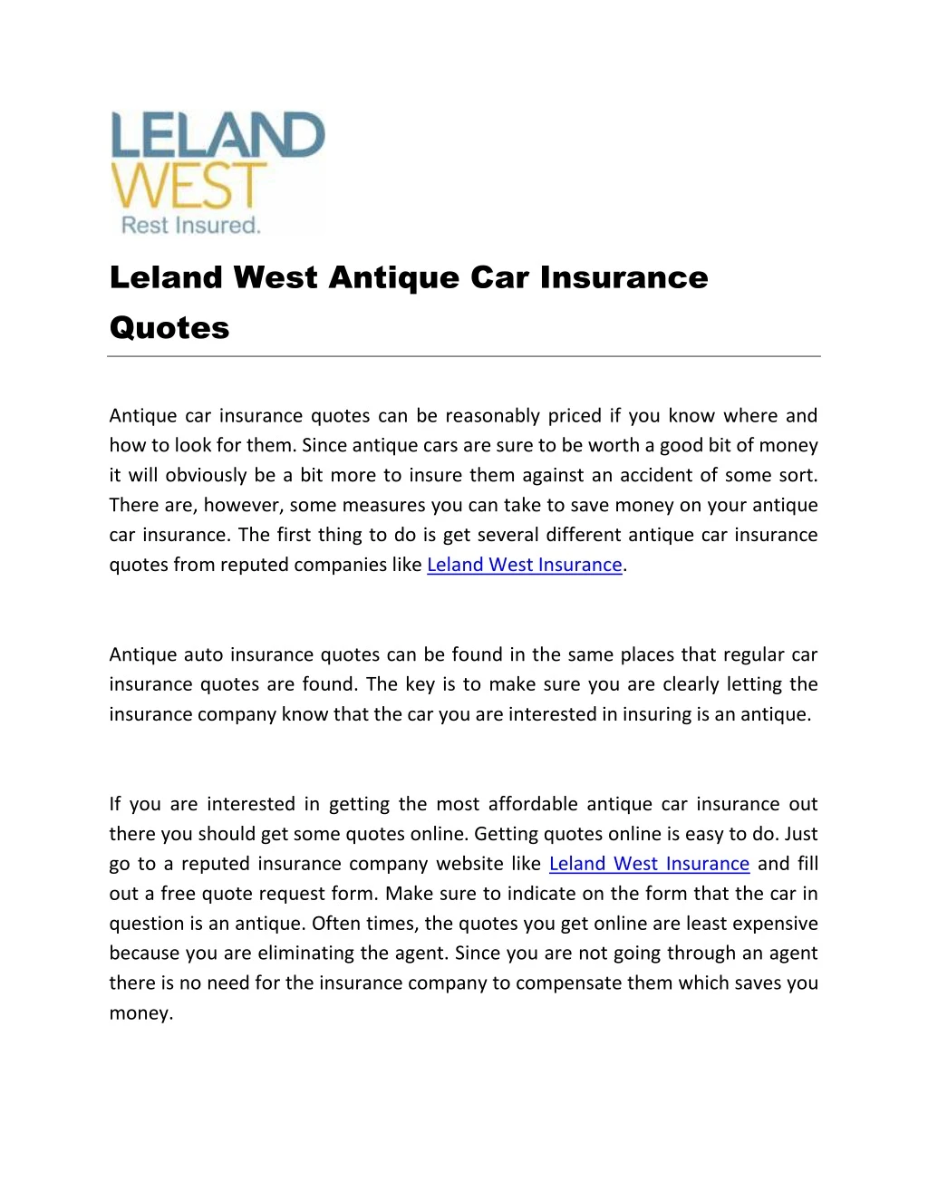 leland west antique car insurance quotes