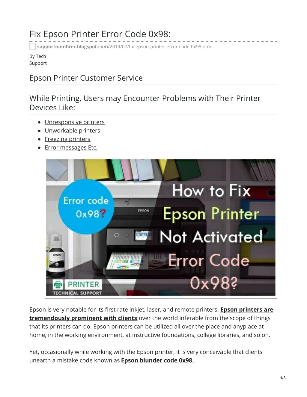 fix epson printer error code 0x98