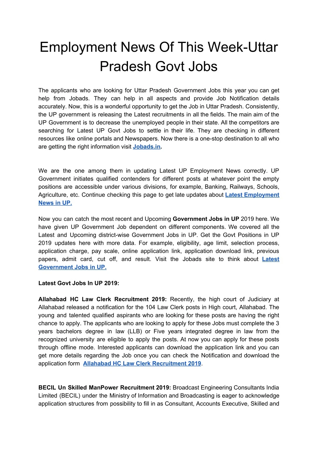 employment news of this week uttar pradesh govt