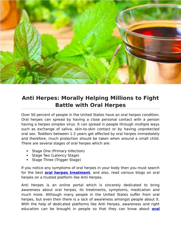 Anti Herpes: Morally Helping Millions to Fight Battle with Oral Herpes