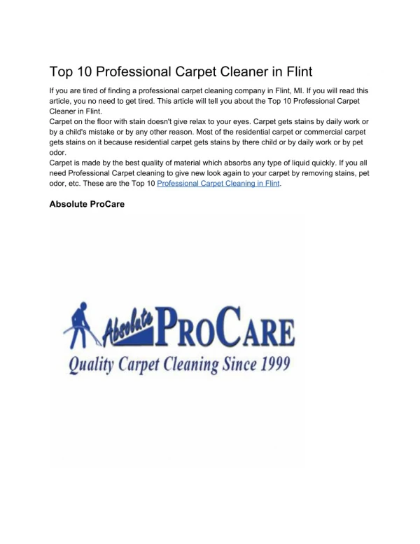 Top 10 Professional Carpet Cleaner in Flint